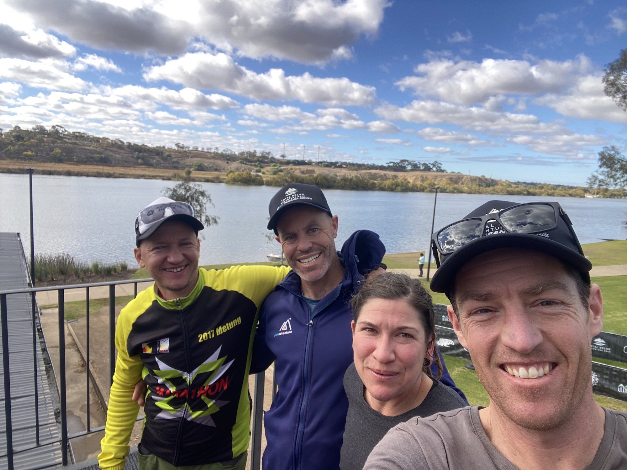 adventure junkie team having recharge breakfast after the race